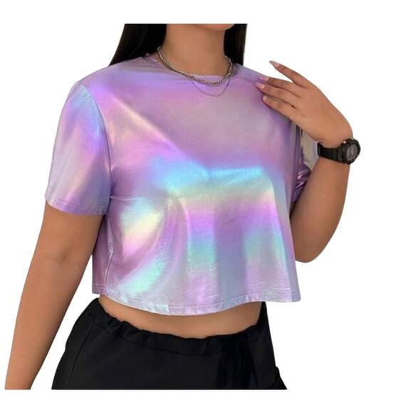 Shein Women's Large Multicolor Pu Coat Holographic Round Neck Short Sleeve Tee - Picture 3 of 5